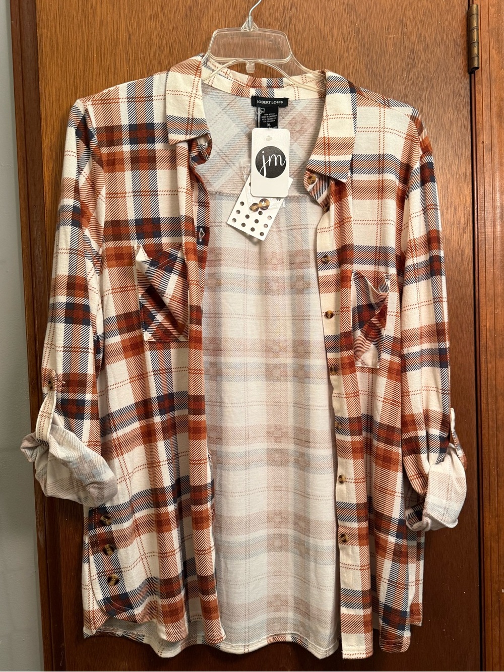 JM Mens Cream & Rust Plaid Button-Up Shirt